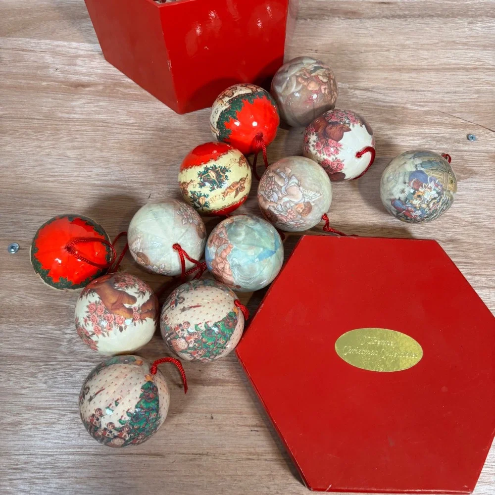 Vintage JCPenney Christmas Collections Decoupage Ball Ornaments Set of 12